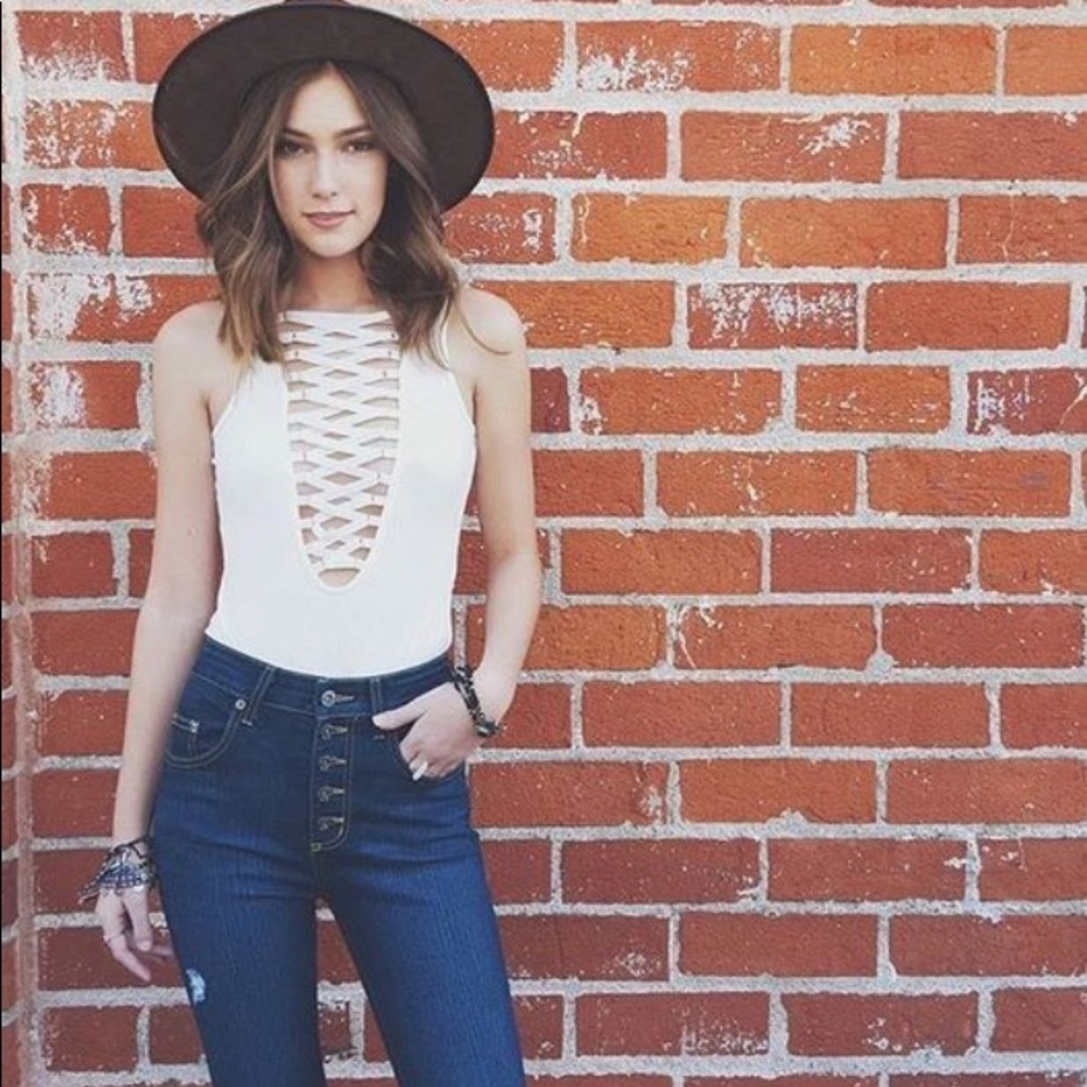 LF Into White Lace-Up Bodysuit